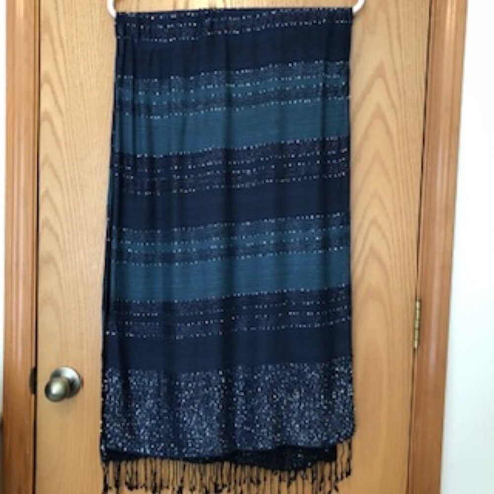3/$15 Sparkly Navy Blue Sequinned Striped Beaded Oblong Woven Scarf Wrap Shawl - Picture 2 of 6
